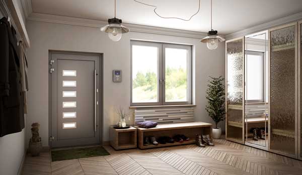 Hall med dörr och fönster