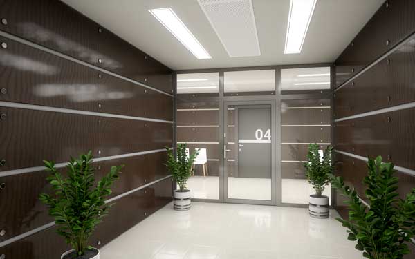 Trappuppgång med stora glaspartier